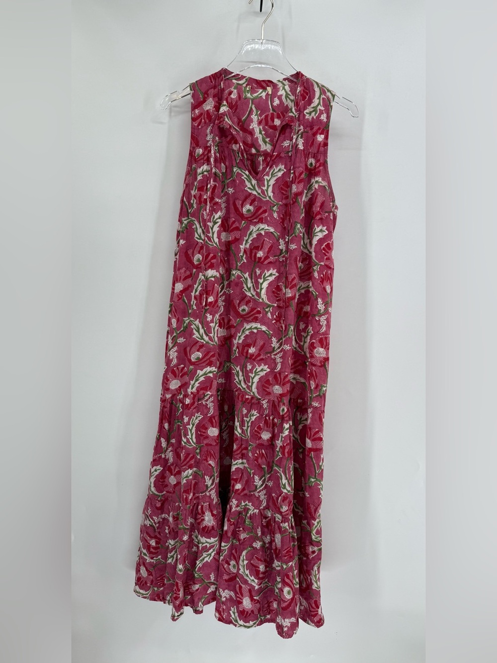 STARK X tiered maxi dress features a vibrant magenta/pink block-print medium